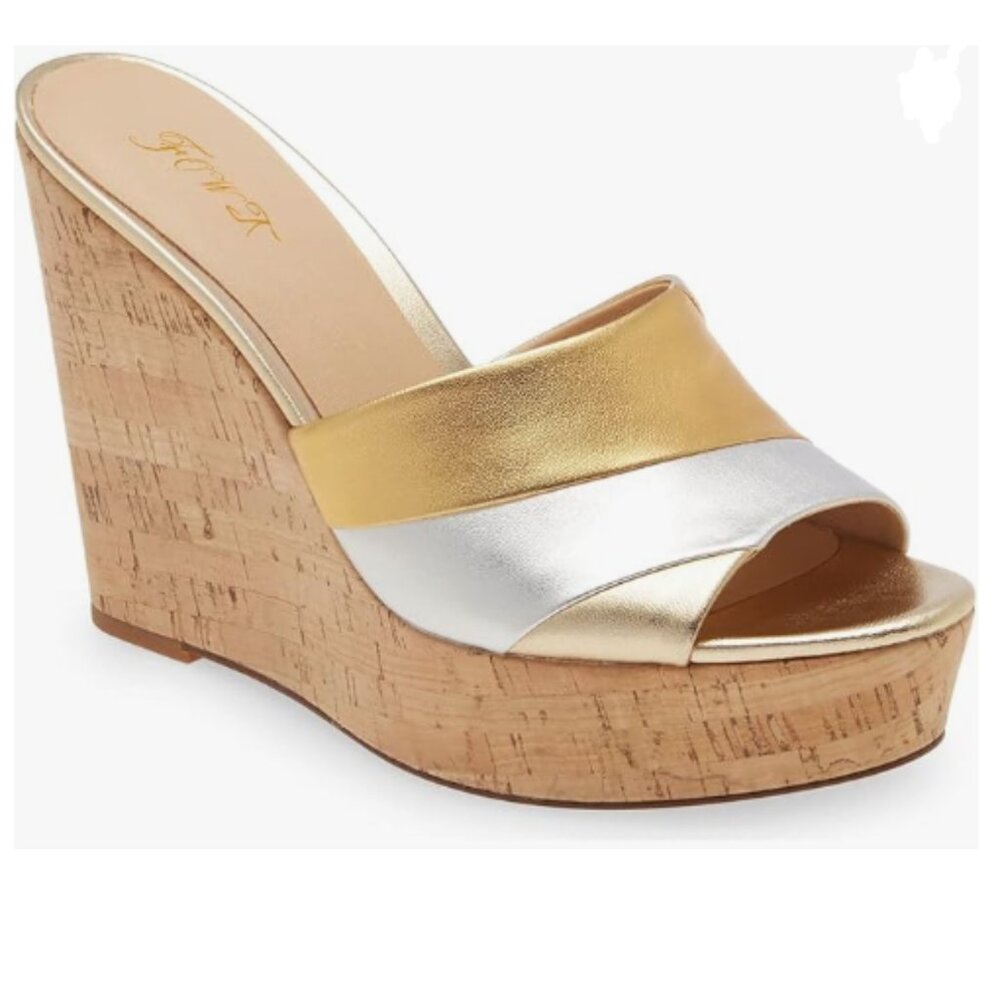 FOWT Gold Platform Two Tone Stripes Patchwork Shallow Wedge Cork Heel Sandals